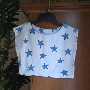 Vintage White With Blue Star Print Crop Top Boxy Cut Size Small